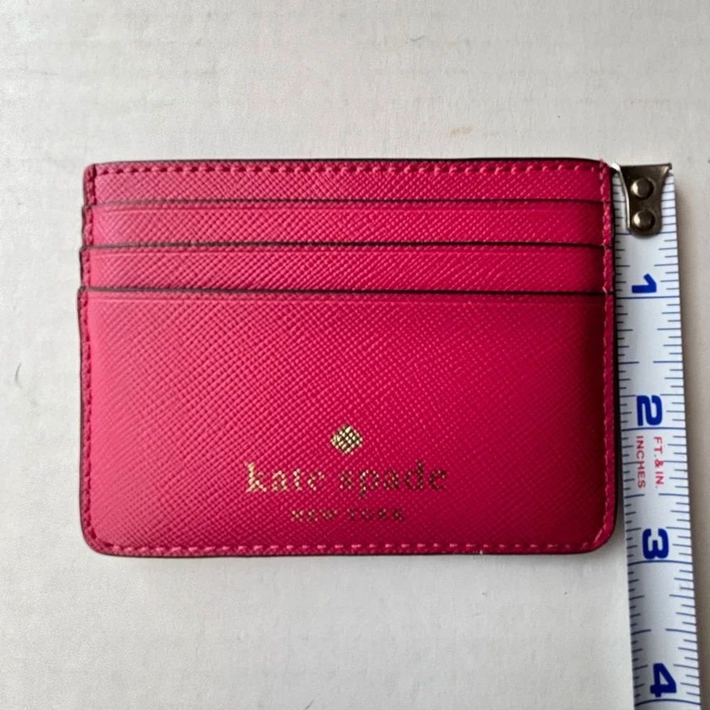 Kate Spade New York Pink Saffiano Leather Slim Card Holder Wallet Gold Logo